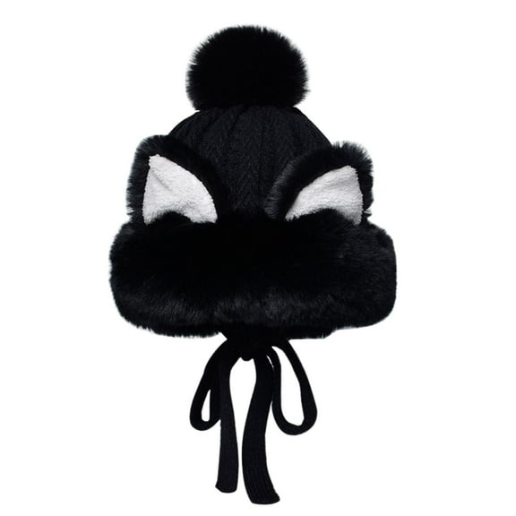 HUANLEDASH Women Winter Cute Cat Ears Plush Hat Solid Color Ear Protection Knitting Hat Lace-up Keep Warm Headgear
