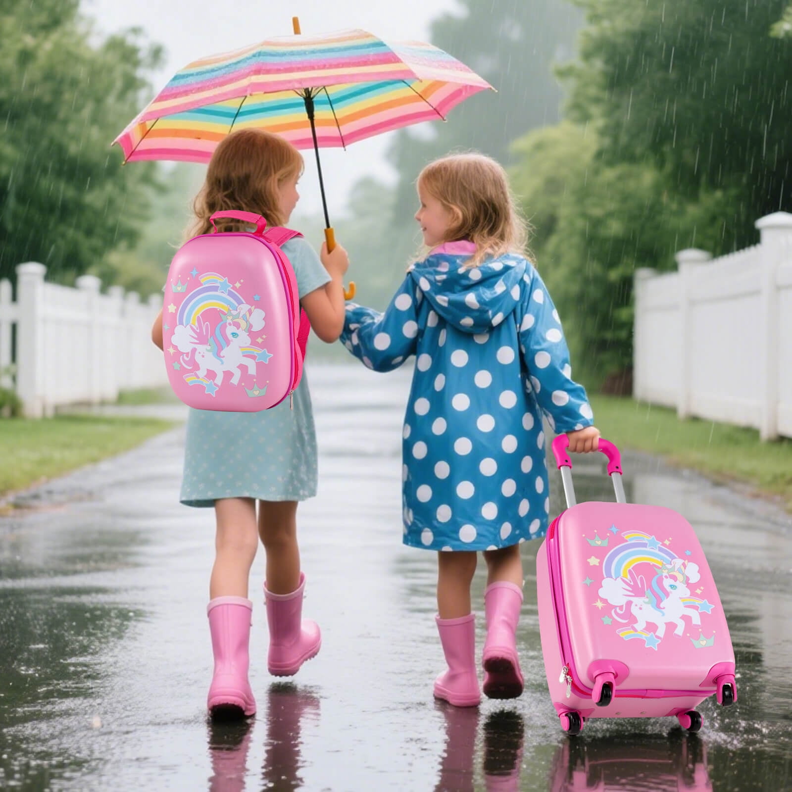 Costway 2PC Kids Carry On Luggage Set 12" Backpack and 16" Rolling Suitcase for Travel Multicolor