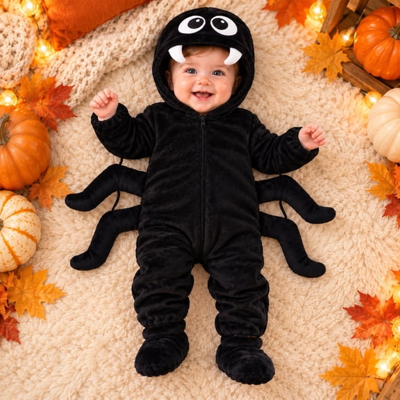 XAOFW Halloween Boys Girls Spider Costume Long Sleeve Cartoon Spider Hooded Rompers With Socks Baby Toddler Fall Winter Holiday Party Jumpsuit