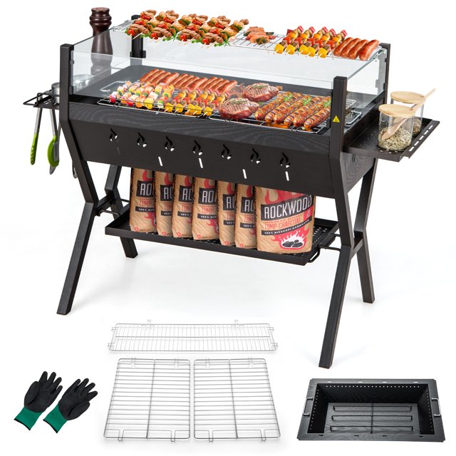Patiojoy Barbecue Charcoal Grills Stainless Steel Camping Grill w/ Wind Guard Seasoning Racks & Storage Shelf
