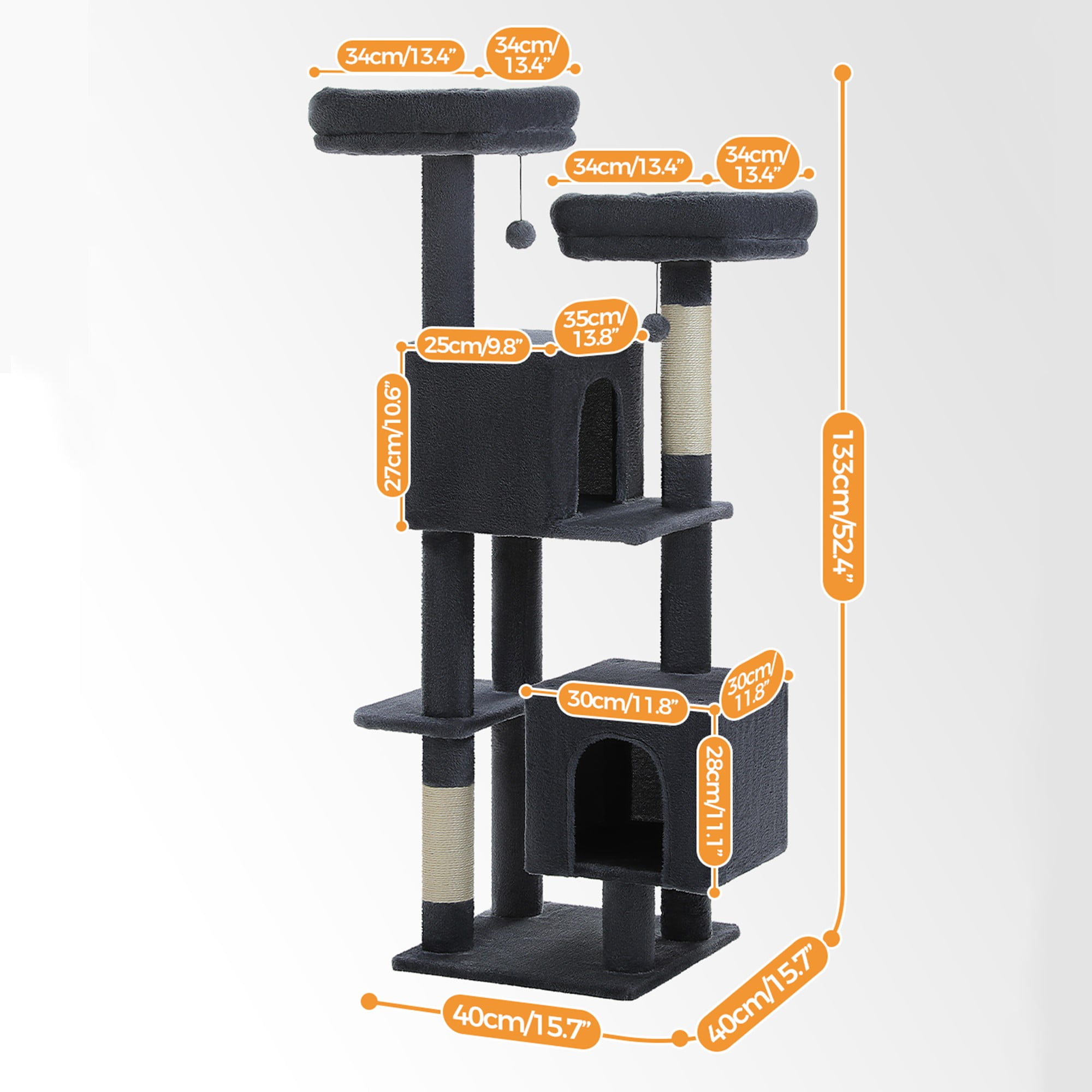 resenkos 52" Cat Tree Tower with 2 Scratching Posts, 2 Perches, 2 Caves, Pompoms, Multi-Level Plush Cat Condo for Indoor Cats, Gray