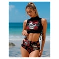 thumbnail image 3 of 2026 New Women's Skull Red Rose Print Two Piece Bikini Set - High Neck Crop Top, Cutout High Waisted Bottom - Edgy Gothic Swimwear for Beach Pool, 3 of 4