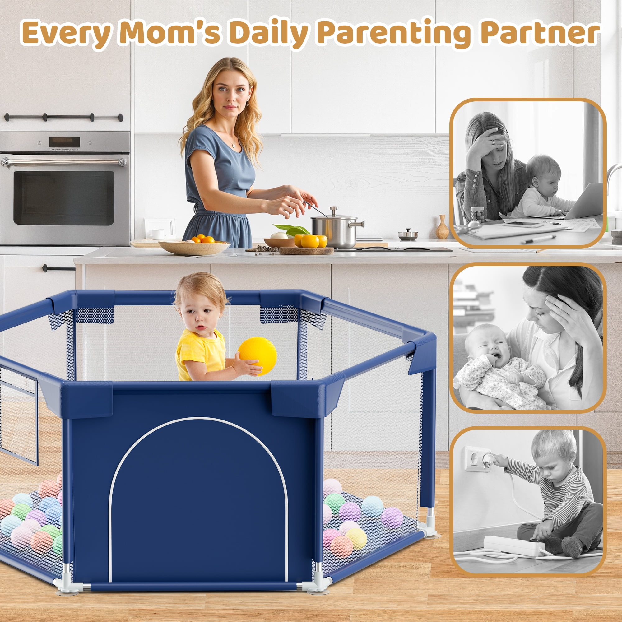 babyeap 50 Inch Baby Playpen,Hexagonal Toddler Playpen,Navy Blue
