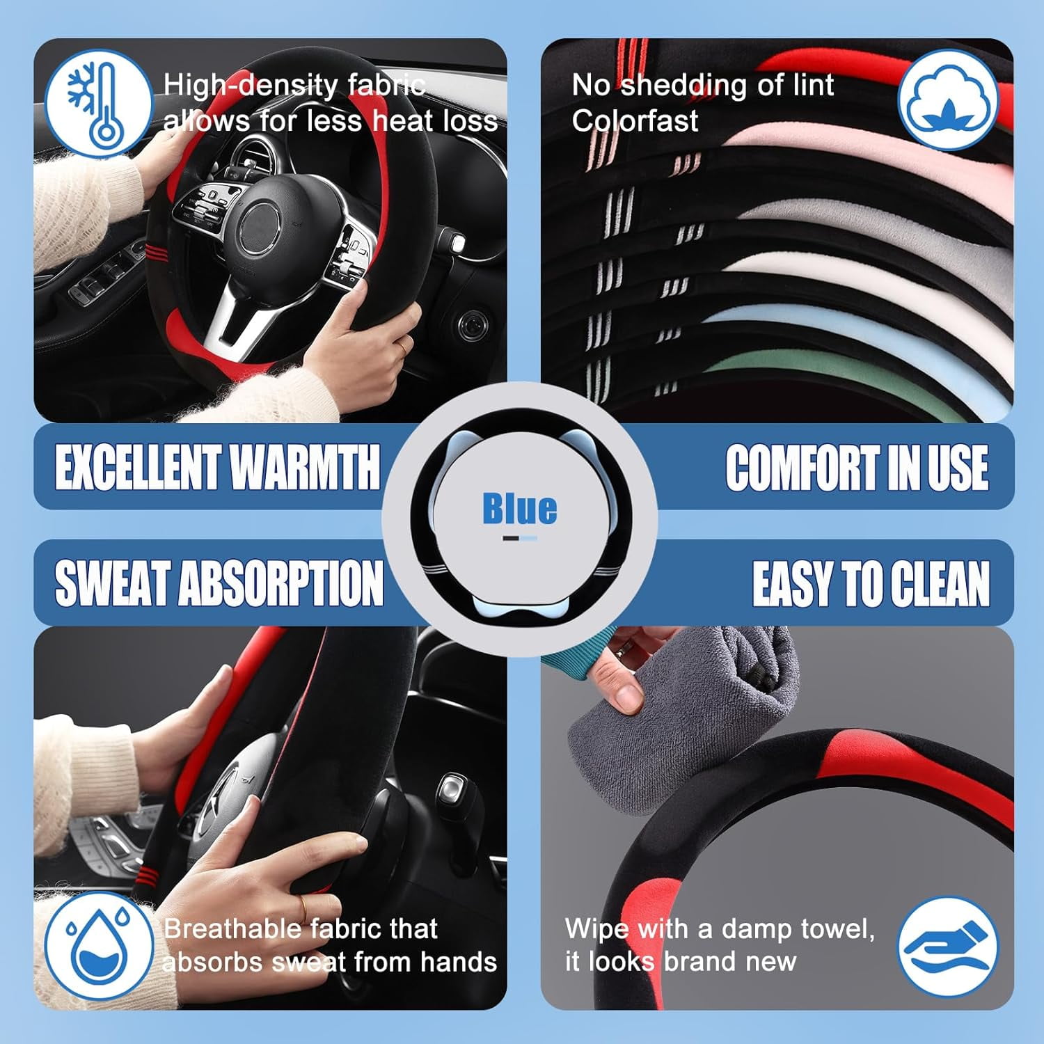 Furry Cute D Shaped Steering Wheel Cover, Soft Fluffy Short Plush Auto Accessories, Non-Slip Cold-Proof Sweat-Proof Colorfast, Universal 15 Inch, Black with Blue