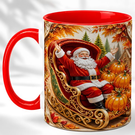 Autumn Sleigh Coffee Mug, Pumpkin Holiday Mug, Ceramic 11 oz