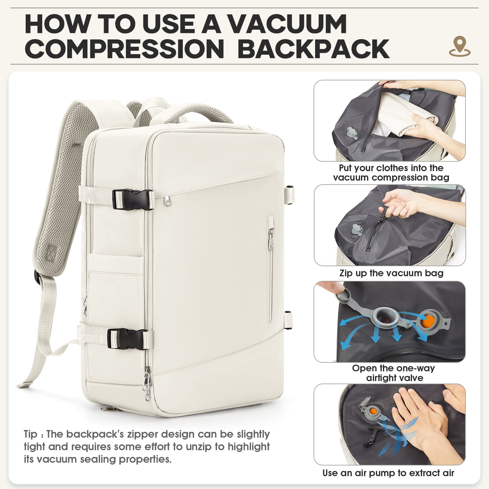 Vacpack Backpack with Vacuum Seal Travel Backpack Men, Vacuum Compression Backpack with Portable Air Pump, Vacuum Seal Carry on Backpack for Airplanes Women Laptop Airback Vac Pack Daypack Beige
