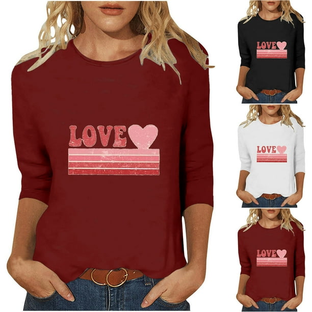 RKSTN Valentine's Day 3/4 Sleeve Tops for Women Oversized Crewneck Valentines Graphic Print Short Sleeve T Shirt Womens Casual Solid Round Neck Loose Comfy Three Quarter Sleeve Shirt Spring Clothes