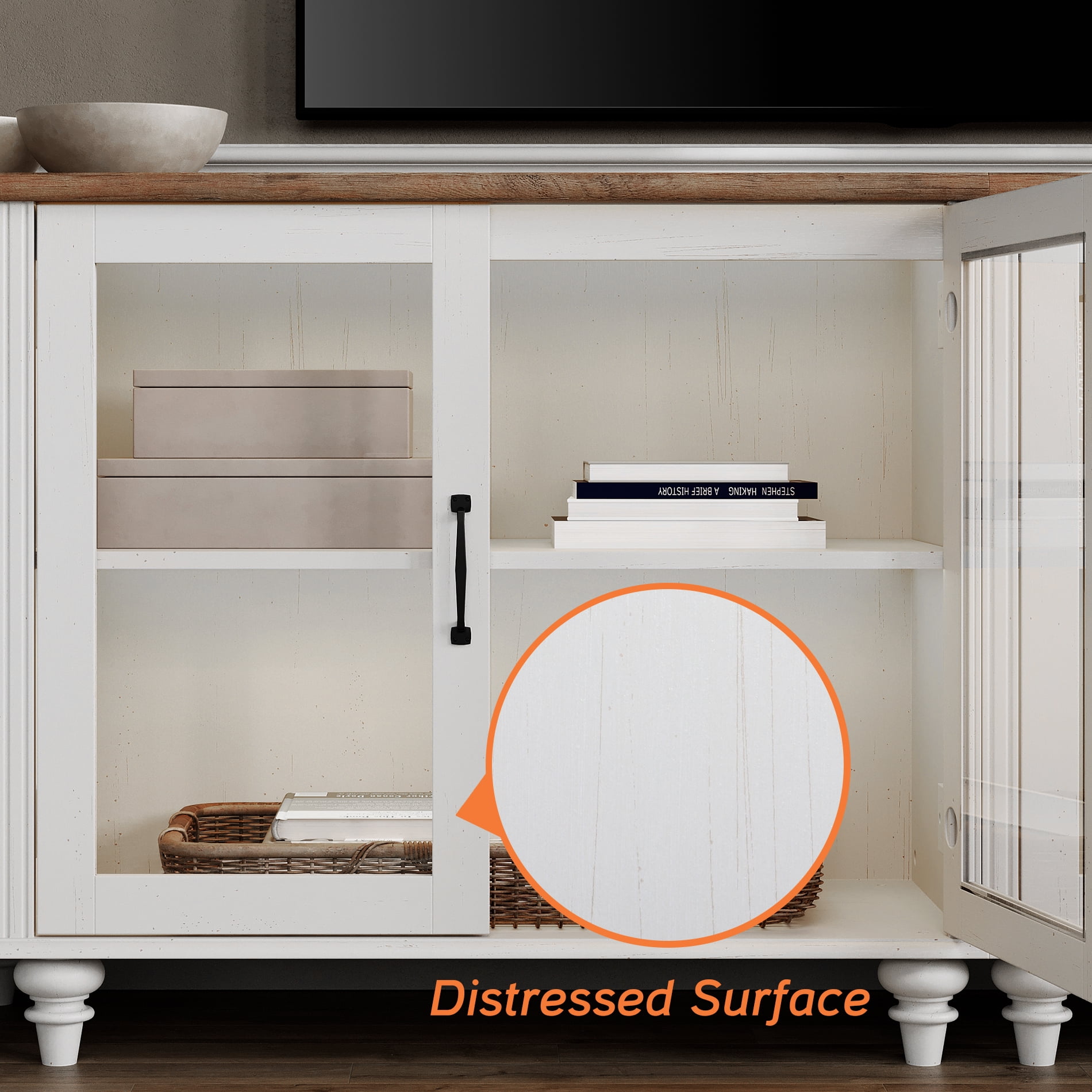 Buffet Cabinet with 4 Glass Doors, Kitchen Storage Cabinets with Adjustable Shelf, 68 inch, White