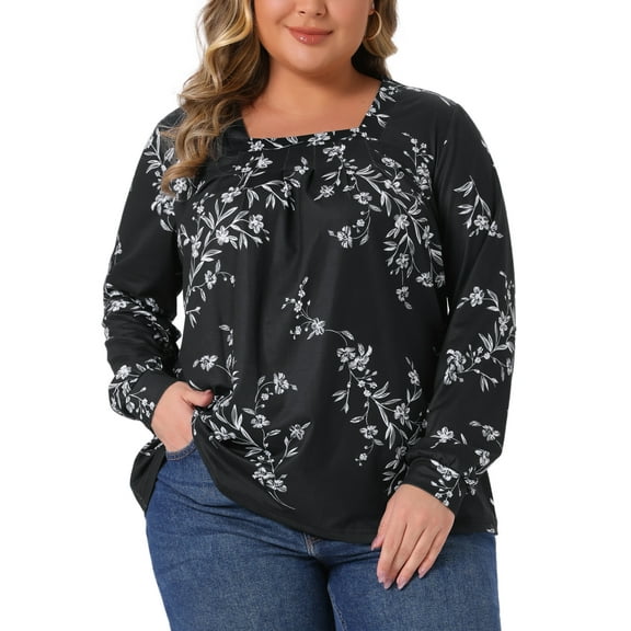 Plus Size Floral Print Tops for Women Square Neck Long Sleeve Pleated Tunic Dressy Casual Blouses 1X Black