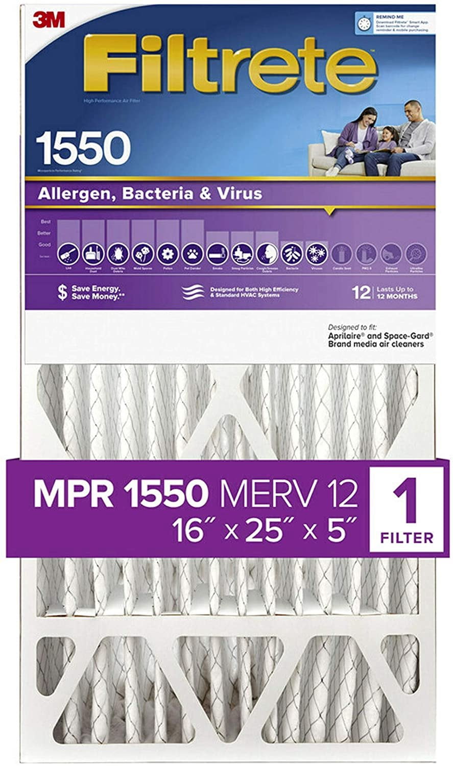 Filtrete 16x25x5, AC Furnace Air Filter, MPR 1550 DP, Healthy Living