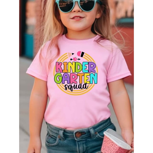 Camiseta de manga corta con cuello redondo, informal y cómoda para niña, con estampado gráfico de círculos de lápiz creativo, para uso diario y al aire libre.