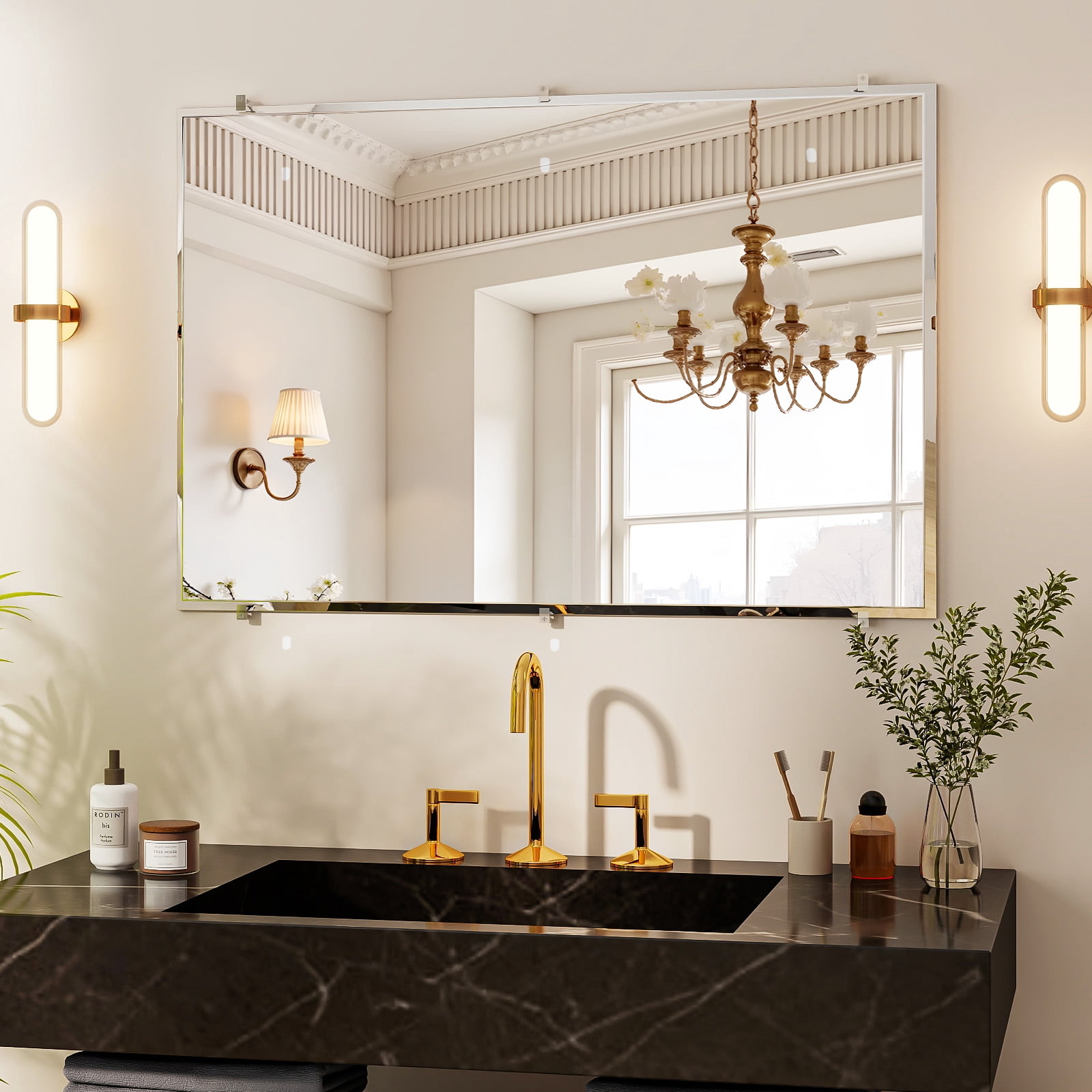 Easy4Home 24"x36" Frameless Rectangular Bathroom Mirror Beveled Edge Vanity Wall Mirror