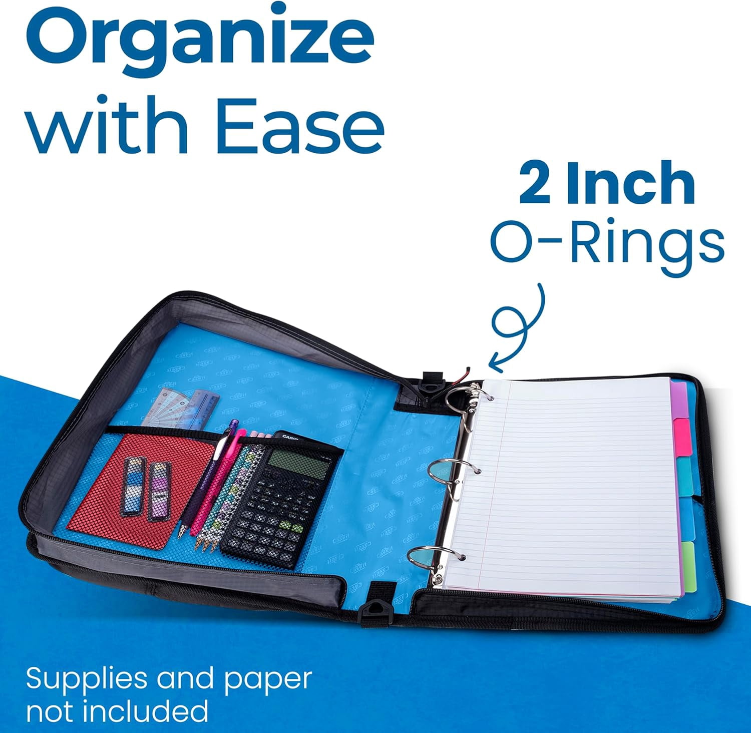 Case-it The Universal Zipper Binder - 2 Inch O-Rings - Padded Pocket That holds up to 13 Inch Laptop/Tablet - Multiple Pockets - 400 Page Capacity - Comes with Shoulder Strap - Denim Blue LT-007
