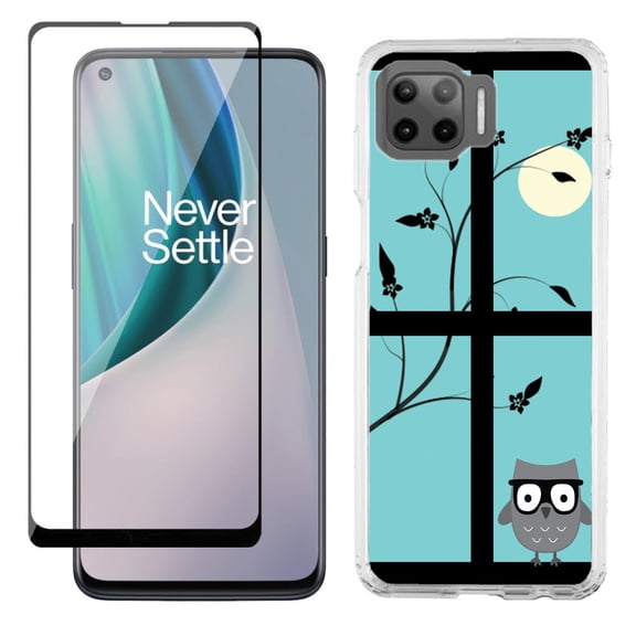 Slim-Fit Protective Phone Case compatible with Motorola Moto One 5G UW, with Tempered Glass Screen Protector, by OneToughShield ® - Moon Owl