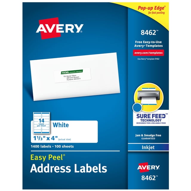 Etiquetas de dirección Avery Easy Peel Sure Feed, 1,3 x 4 pulgadas, 1400