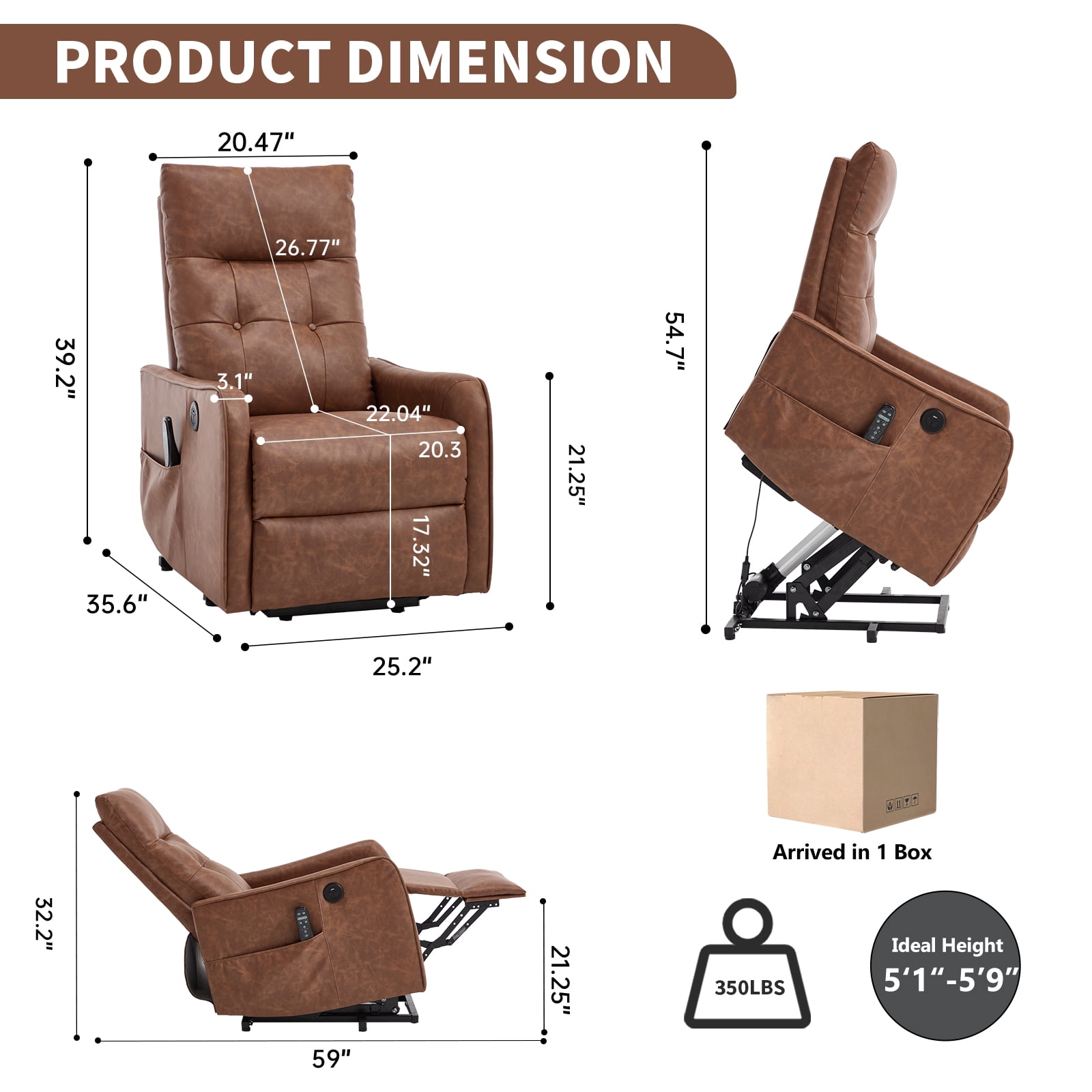 Gewnee Faux Leather Power Lift Recliner Chair with Vibration Massage & Lumbar Heat, USB Charging Port, Elderly Assist Chair for Living Room Bedroom，Brown