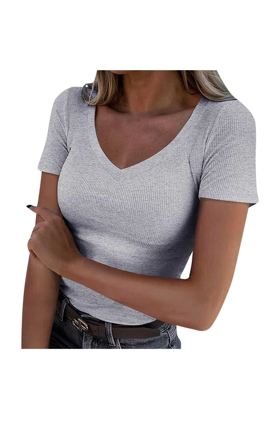 Women's Short Sleeve T-Shirts V Neck Ribbed Slim Fit Tops Ladies' Casual Summer Basic Tee Gray M