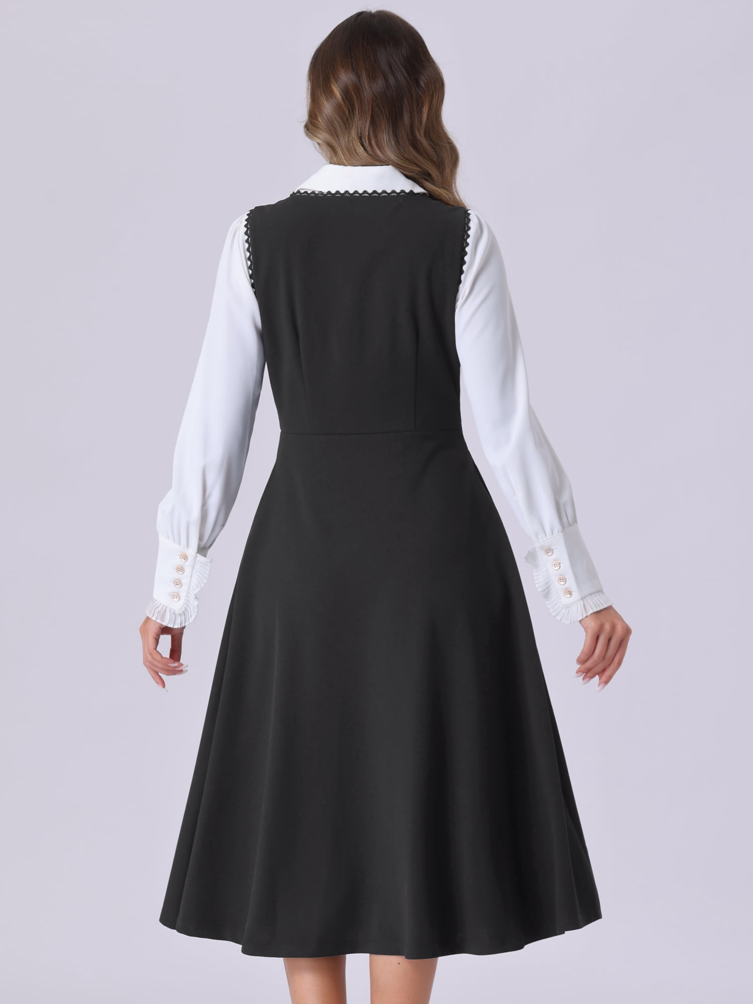 DARING DIVA Women's Lace Trim Button Overalls Midi Vintage Pinafore Dress S Black