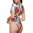 thumbnail image 3 of KLL Women 's Crew Neck Bodysuit Jumpsuits Lilies Flowers Print Short onesies Stretch T Shirts, 3 of 7