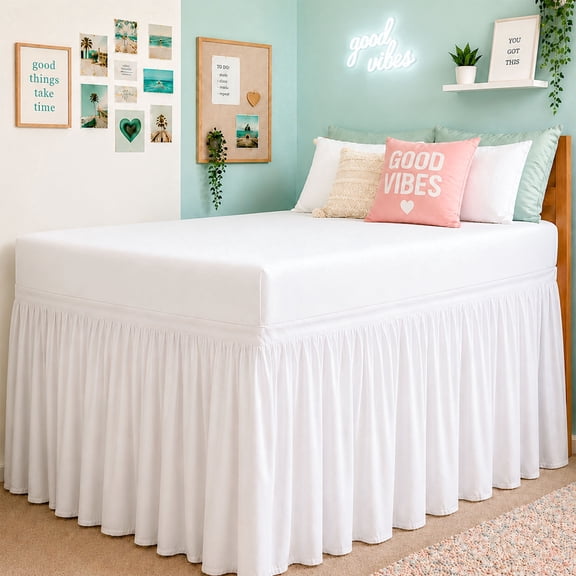 Extended Twin XL Dorm Bed Skirt, White Ruffled 32-Inch Drop for College Beds