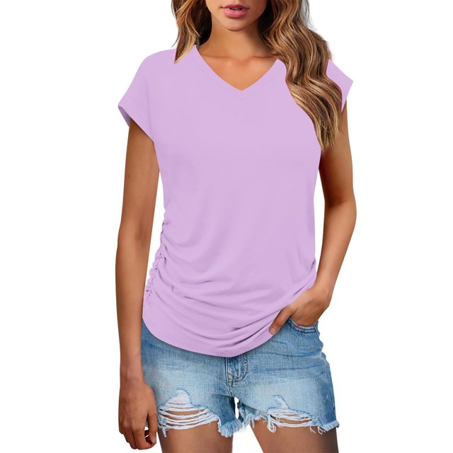 Kovlvoll Womens Summer Tops Dressy Casual Short Sleeve T Shirts V Neck Ruched Solid Color Basic Tees Tunic Top
