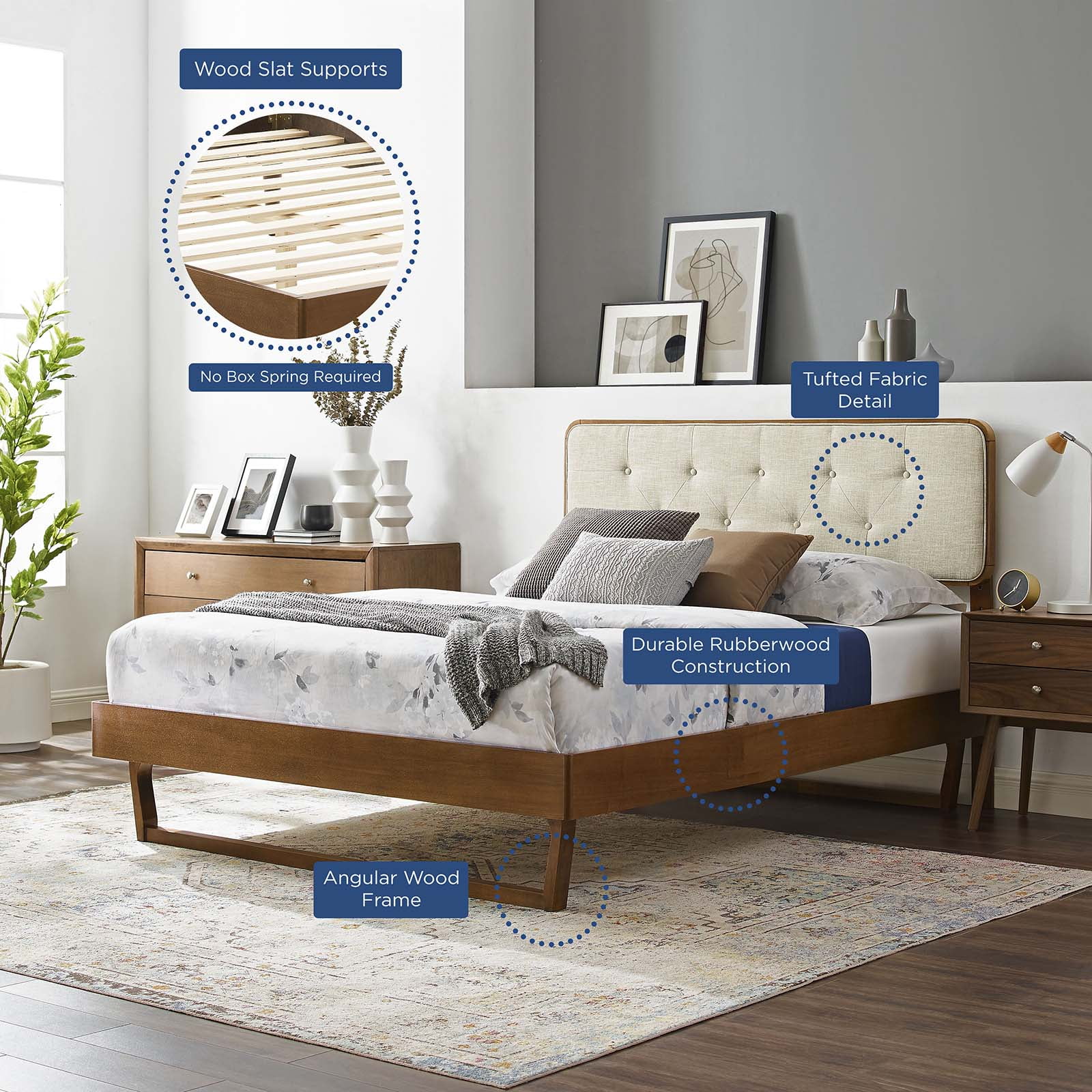 Platform Bed Frame, King Size, Wood, Brown Walnut Beige, Modern Contemporary Urban Design, Bedroom Master Guest Suite