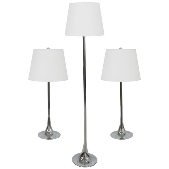 Sunnydaze Modern Splendor 3-Piece Floor and Table Lamp Set, Silver with White Shade