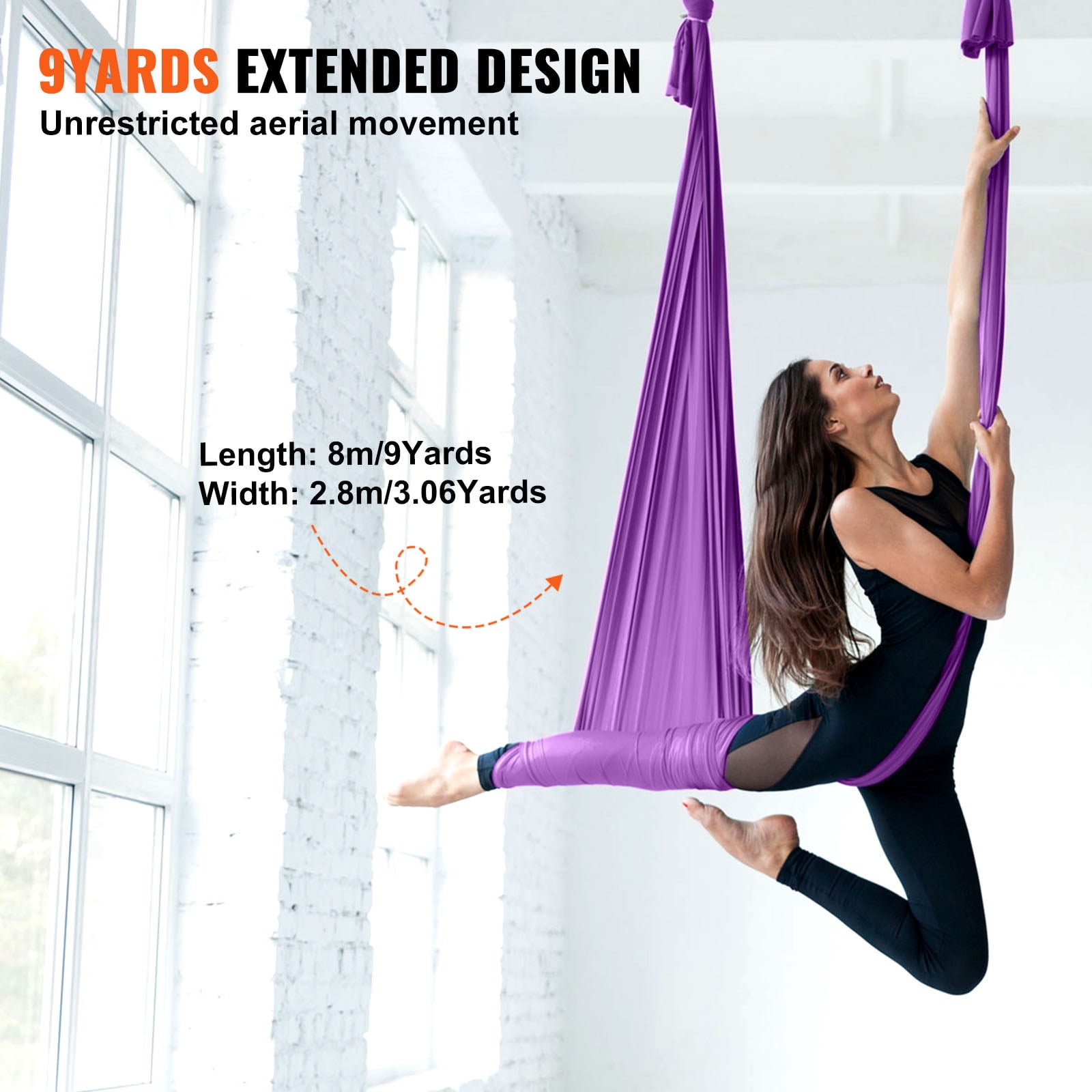 KFFKFF Aerial Silk & Yoga Swing, Aerial Yoga Hammock Kit, Nylon, 9×3.06 yards, Purple