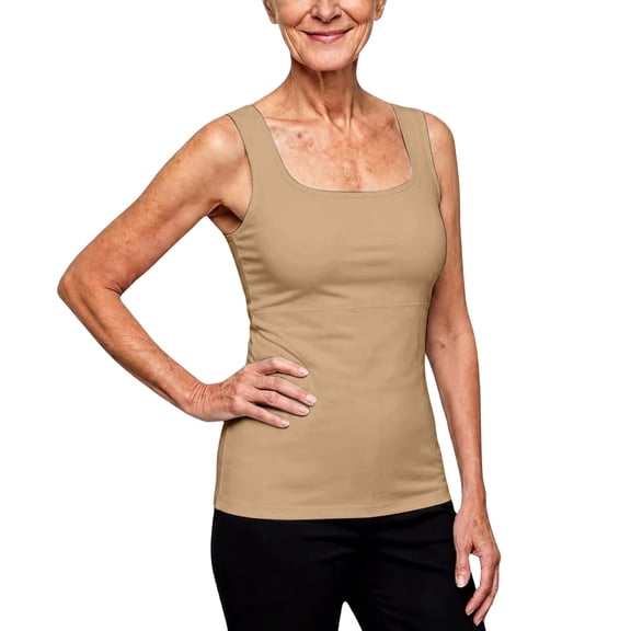 Yigetop Women's Cotton Camisole Tank Tops Built-In Comfort Bra Slim Fit Soft Undershirt for Daily Layering Beige L