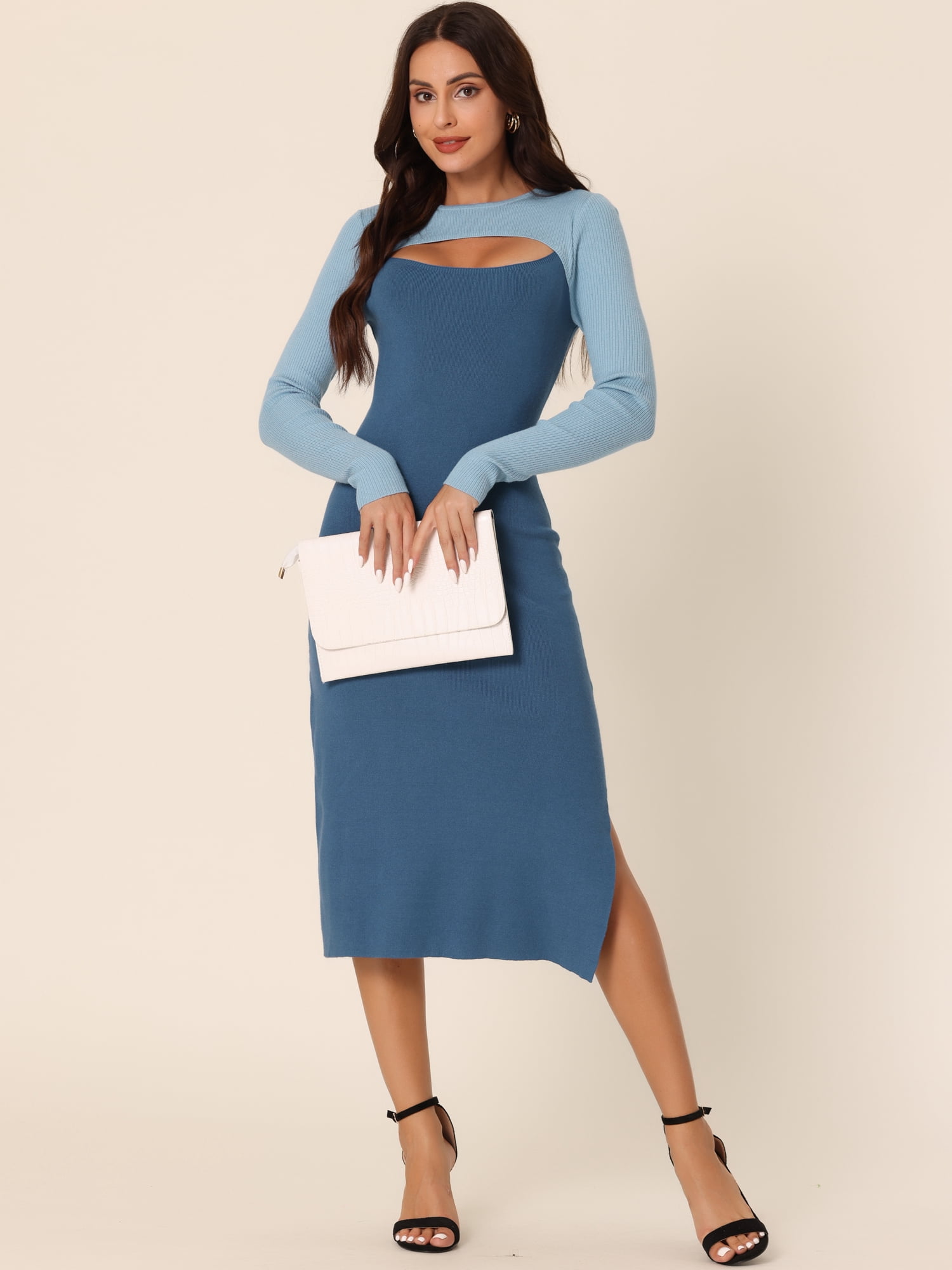 DARING DIVA Crew Neck Stretch Cutout Midi Sweater Dress XL Blue-Dark