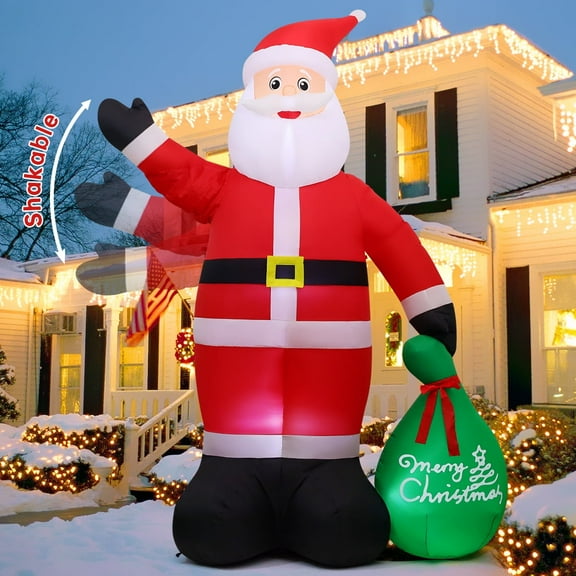 GOOSH Christmas Inflatables 10.3 FT Animated Christmas Santa Claus Inflatable with Built-in LEDs and Shakable Hand, Blow up Santa Holding a Gift Bag, Outdoor Christmas Decorations for Xmas Holiday
