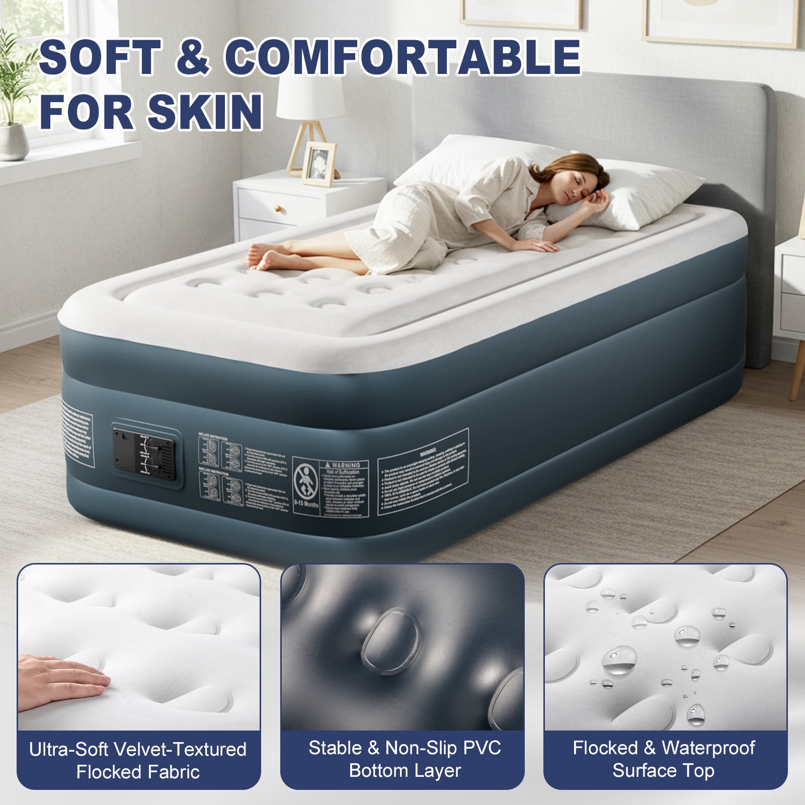 Ktaxon 18" Twin Air Mattress with Built-in Pump, Elevated Inflatable Bed, Two Chamber Airbed for Home Cmaping & Guests, Gray & White