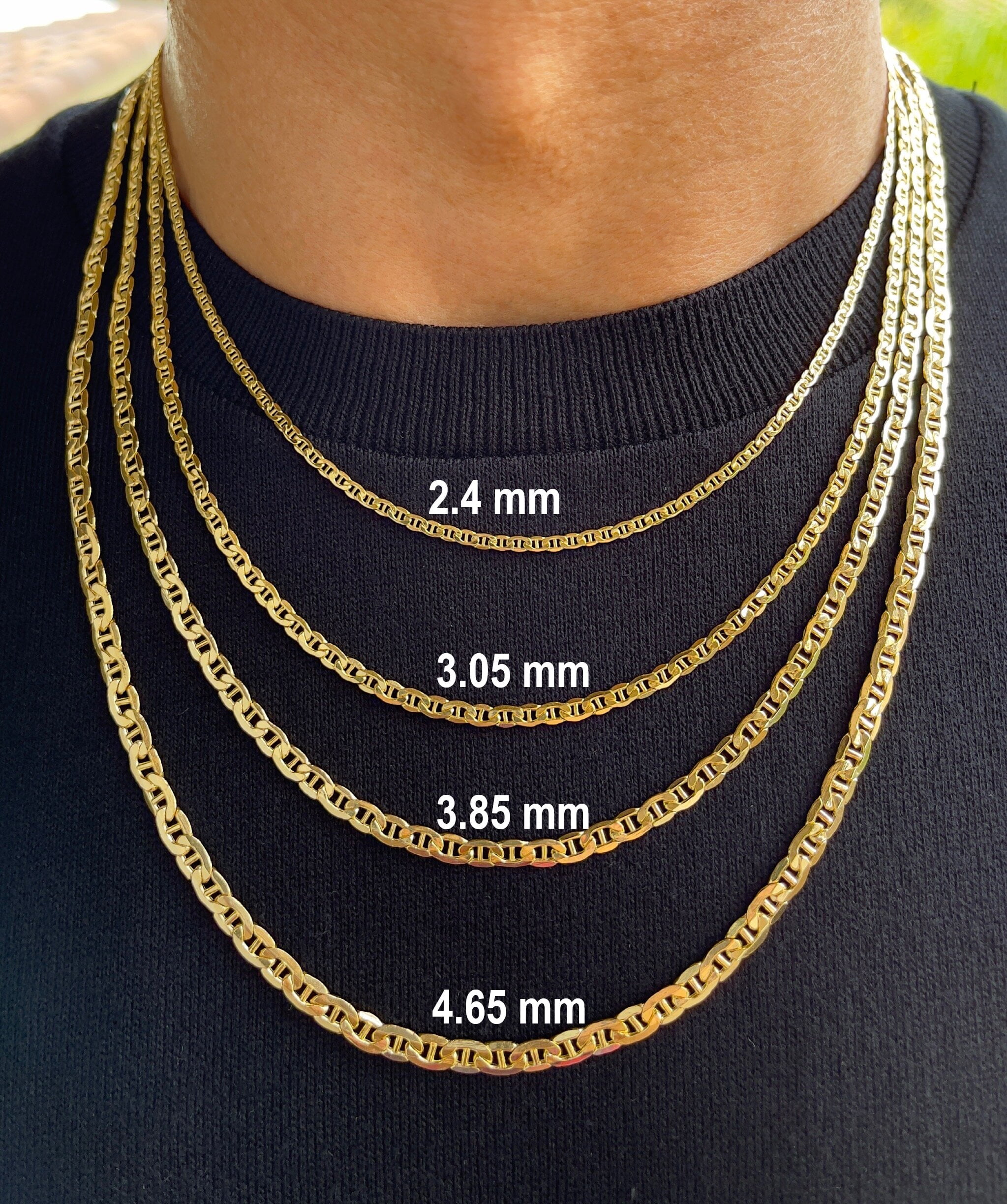 Jewelheart 14 K Yellow Real Gold Flat Mariner Chain 2.4-4.65 mm Thick Diamond Cut Anchor Link Pendant Necklace For Men Women 16"-24"