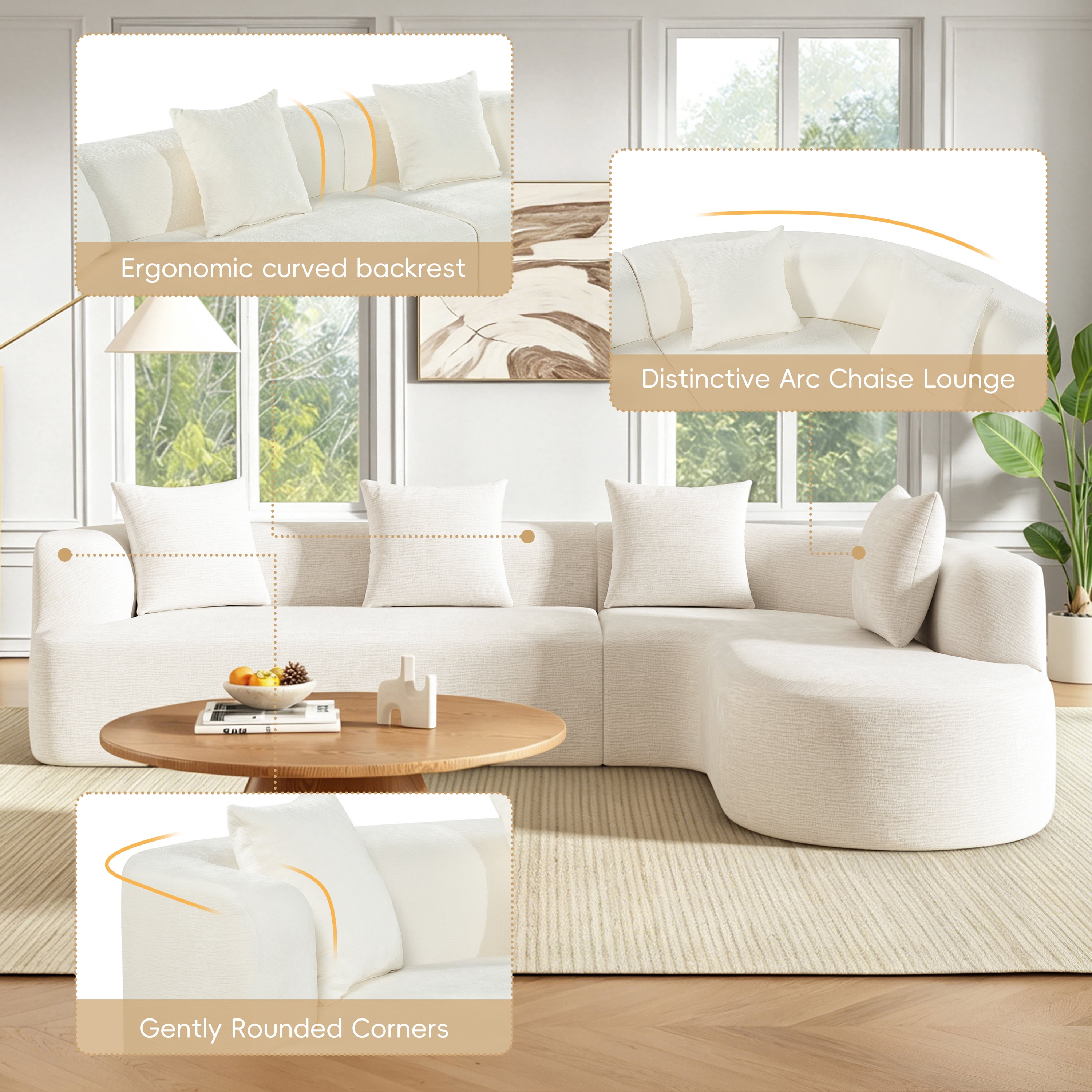 GARITIN Curved Cloud Couch 116.5 Inch, Oversized L Shaped Chenille Sectional Sofa with High Resilience Foam for Living Room, Beige