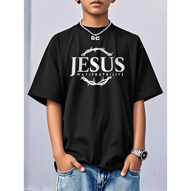 Boys' Casual "Jesus" Graphic Print Crew Neck Short Sleeve T-Shirt - Black, Summer Tee, Soft Knit Fabric, Regular Fit, Perfect for Casual Attire, Everyday Youth Tee | Short Sleeve Shirt