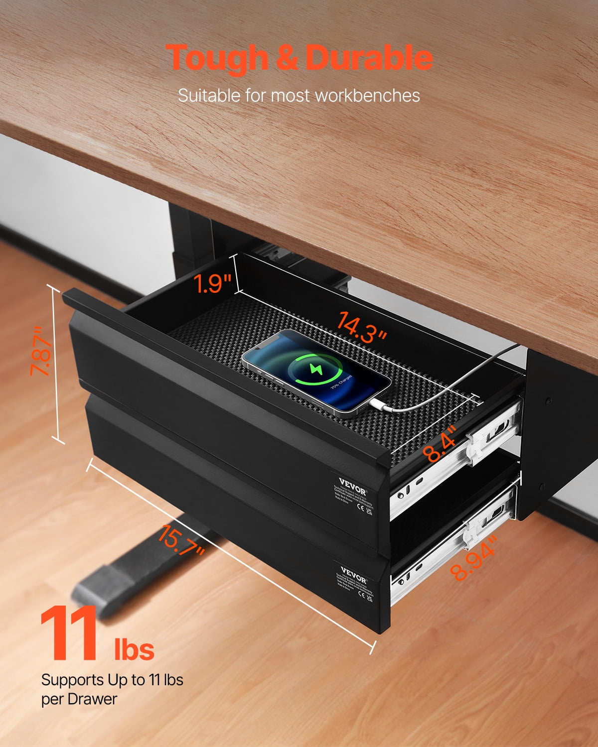 VEVOR 16" Wide Under Desk Drawer Slide Out, Under Desk Mount Pull Out Drawer Attachment, Hidden Desktop 2-Tier Storage Organizer, Under Desk Pencil Drawer for Home Sit-Stand Workstation, 18x9x8 In