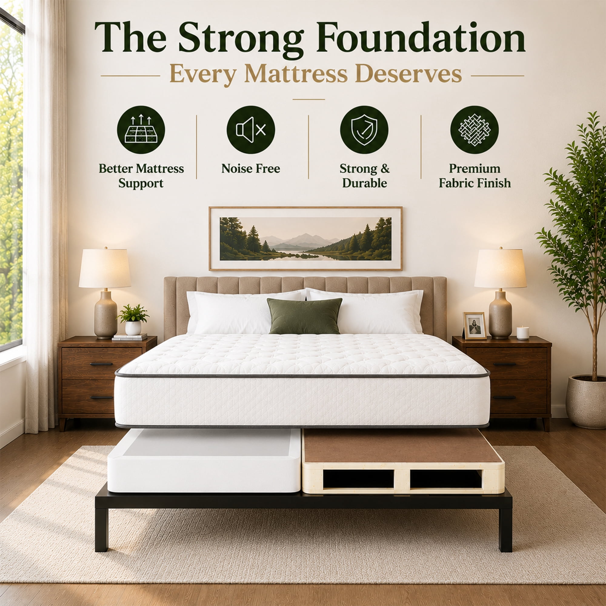 Continental Sleep, 4-Inch Wood Solid Surface Box Spring Bed Base Queen Size, Quiet Noise Free, 2-Pieces Under Mattress-Support Box Spring, Fully Assembled, White