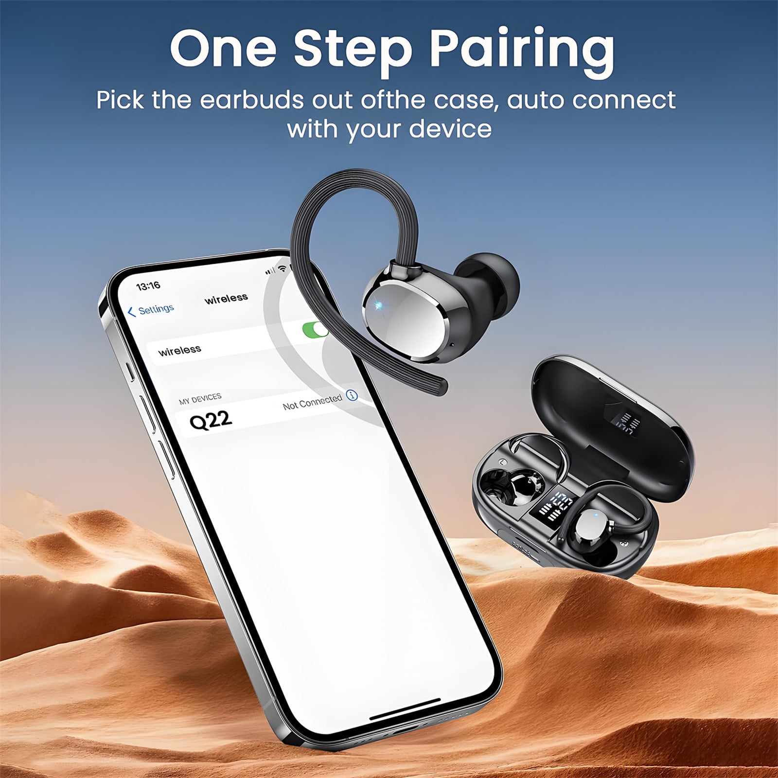 Ear Buds Wireless Bluetooth Earbuds Sport with LED Display 128H Playtime Powerful Bass Over Ear Earphones with Earhooks IP7 Waterproof for Gym/Running/Workout,E