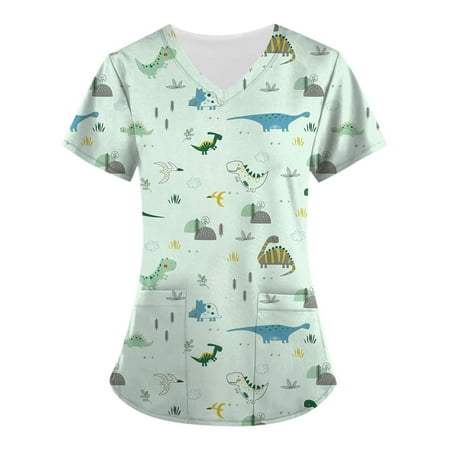 

QWERTYU V Neck Scrubs Top for Women Short Sleeve Animal Print Nursing Scrubs Casual Professionals T Shirt Working Holiday Uniform Green 5XL