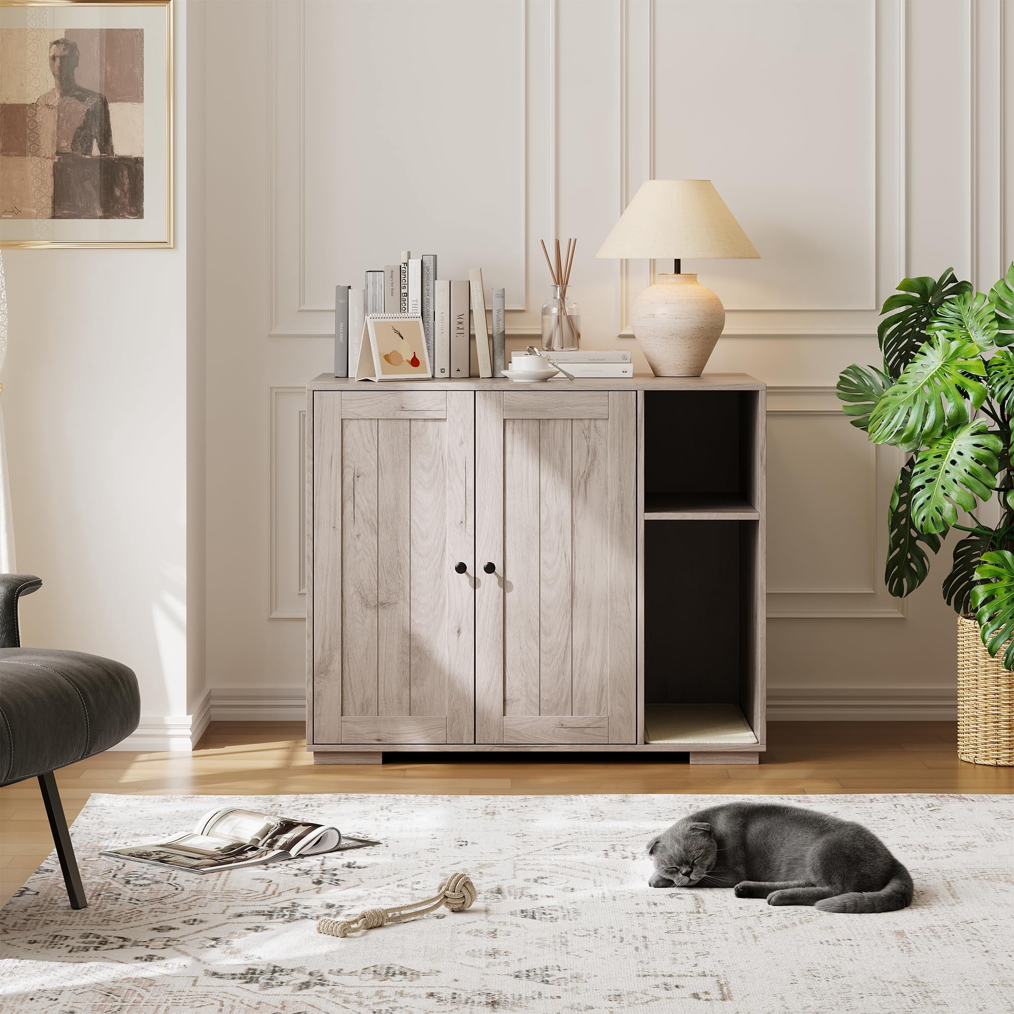 Kicctian Hidden Cat Litter Box Enclosure with Litter Collector, Large Indoor Cat House Cabinet, Self-Cleaning Compatible Cat Furniture, Grey