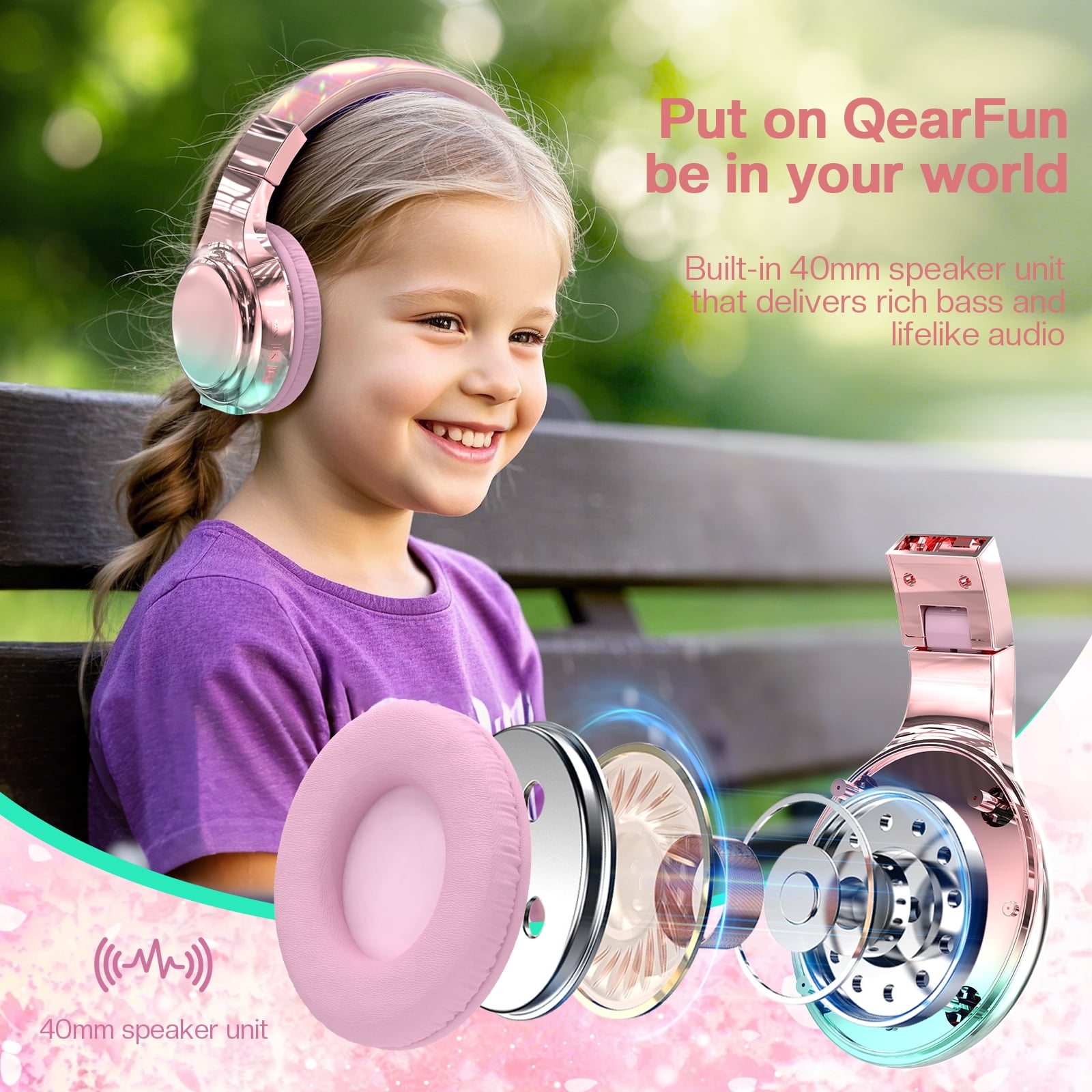 QearFun Bluetooth Headphones for Kids, Wireless Headphones with Built-in Mic, Includes Aux Cord, USB C, 3.5mm Jack, Bluetooth 5.3, On Ear Kids Headphones for School/Travel/Tablet(Pink)