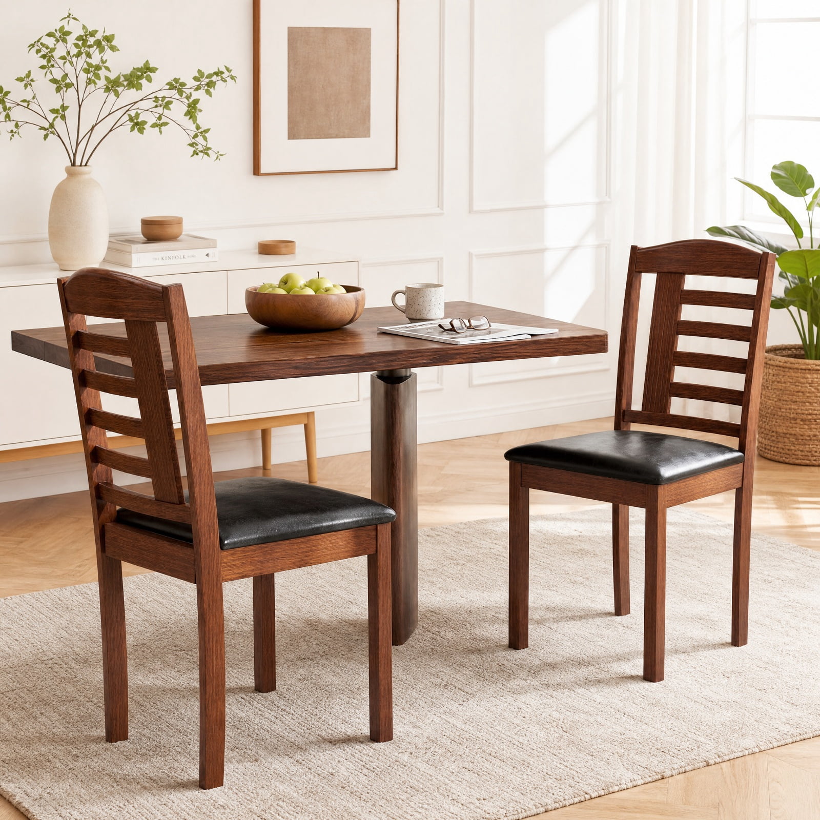 Furnibear Set of 2 Wood Kitchen Chairs with Faux Leather Upholstered Seat and Ergonomic Backrest for Dining Room and Restaurant, Black