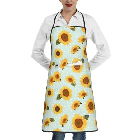 

Qekee Vintage White Polka Dot Sunflower Print Adjustable Bib Apron Resistant with Pocket Cooking Kitchen Aprons for Women Men Server Chef Apron