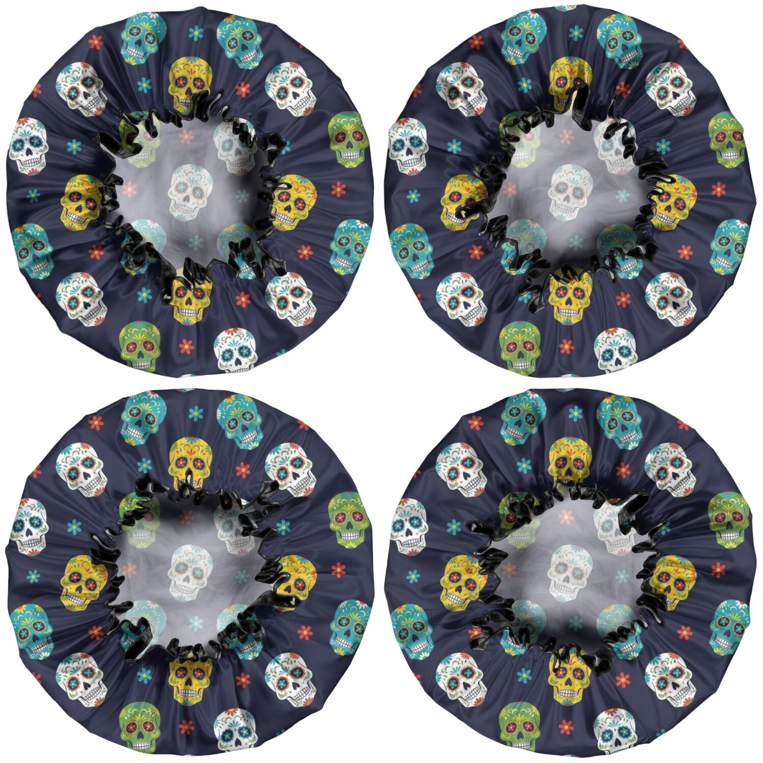 Shower Caps,Navy Colorful Skull Pattern Waterproof Shower Cap for Women 4 Pieces,Double Reusable Hair Cover for Shower PEVA Elastic Stretch Hem