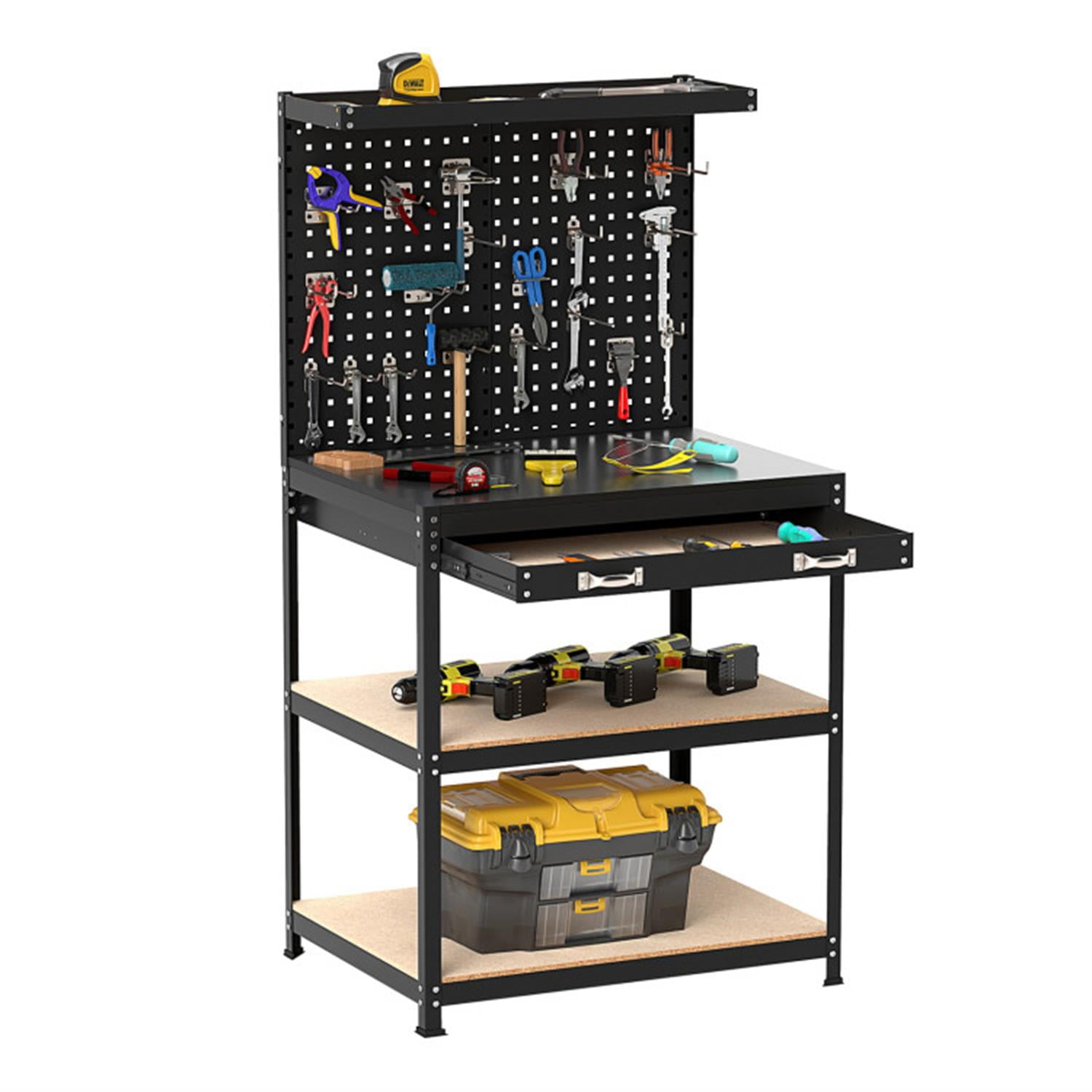 Demi Bonn 32" x 16" Workbench Work Table with 2 PCs Pegboard Drawer and Shelves, 4-Tier Heavy Duty Metal Tool Storage Bench for Garage, Workshop, Black