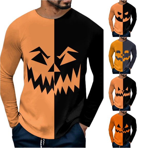LIIPEE Halloween Graphic Tees For Men Long Sleeve Crew Neck Casual T Shirts Male Comfortable Breathable Versatile Tshirt,XXL