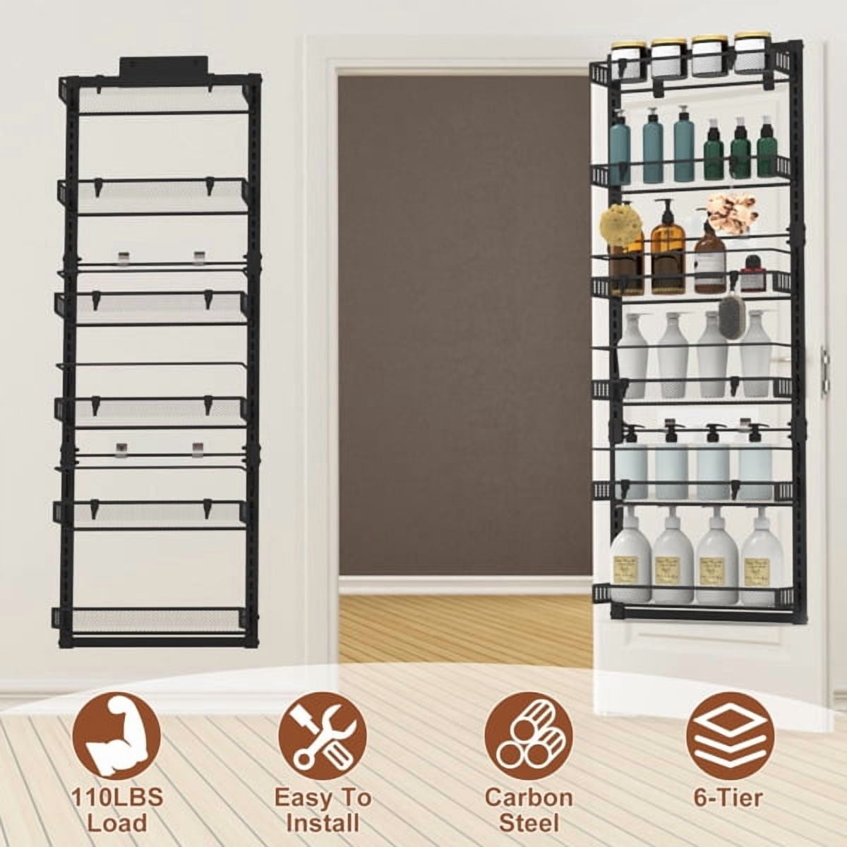 6-Tier Over the Door Pantry Organizer, Large Metal Door Spice Rack, Hanging Heavy-Duty Pantry Door Storage Shelf 10LBS Loading Easy Install Behind Door Storagefor Kitchen and Bathroom, Black