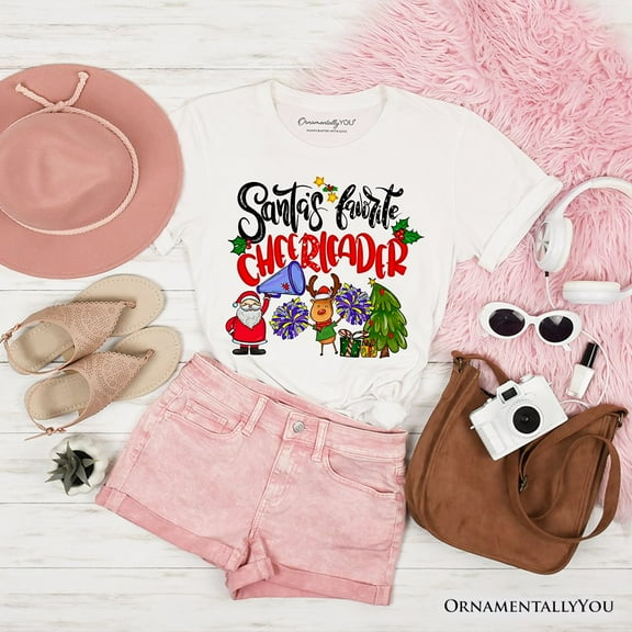 Santa’s Favorite Cheerleader T-Shirt, Sparkly Holiday Christmas Tee