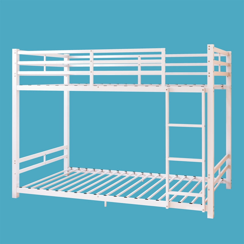 Twin Over Twin Metal Bunk Bed, Heavy-Duty Steel Bunk Bed with Safety Guardrails and Ladder, Low-Profile Design, 19 Metal Slats, 400/480 lbs Weight Capacity, No Box Spring Needed