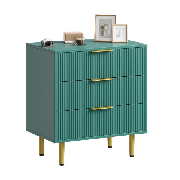 QinaQin Cómoda moderna de 3 cajones con frente acanalado, mueble de madera con detalles metálicos para recámara, sala o recibidor